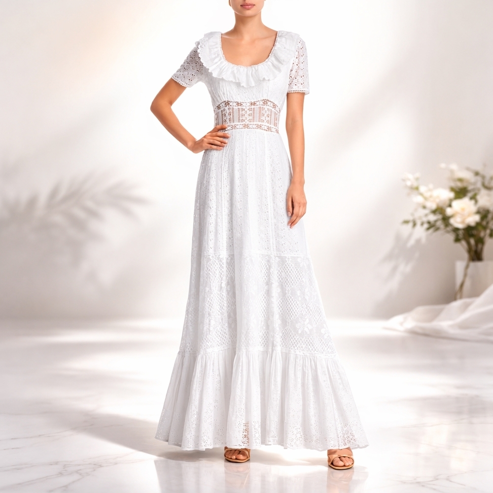 LoveShackFancy Sassie White Lace Maxi Dress Boho Eyelet Romantic Cottagecore Sz4